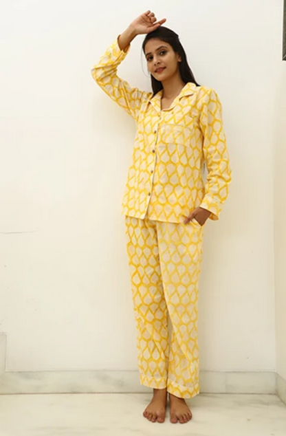 Mellow Yellow Hand Block Printed Cotton Full Jammies Set