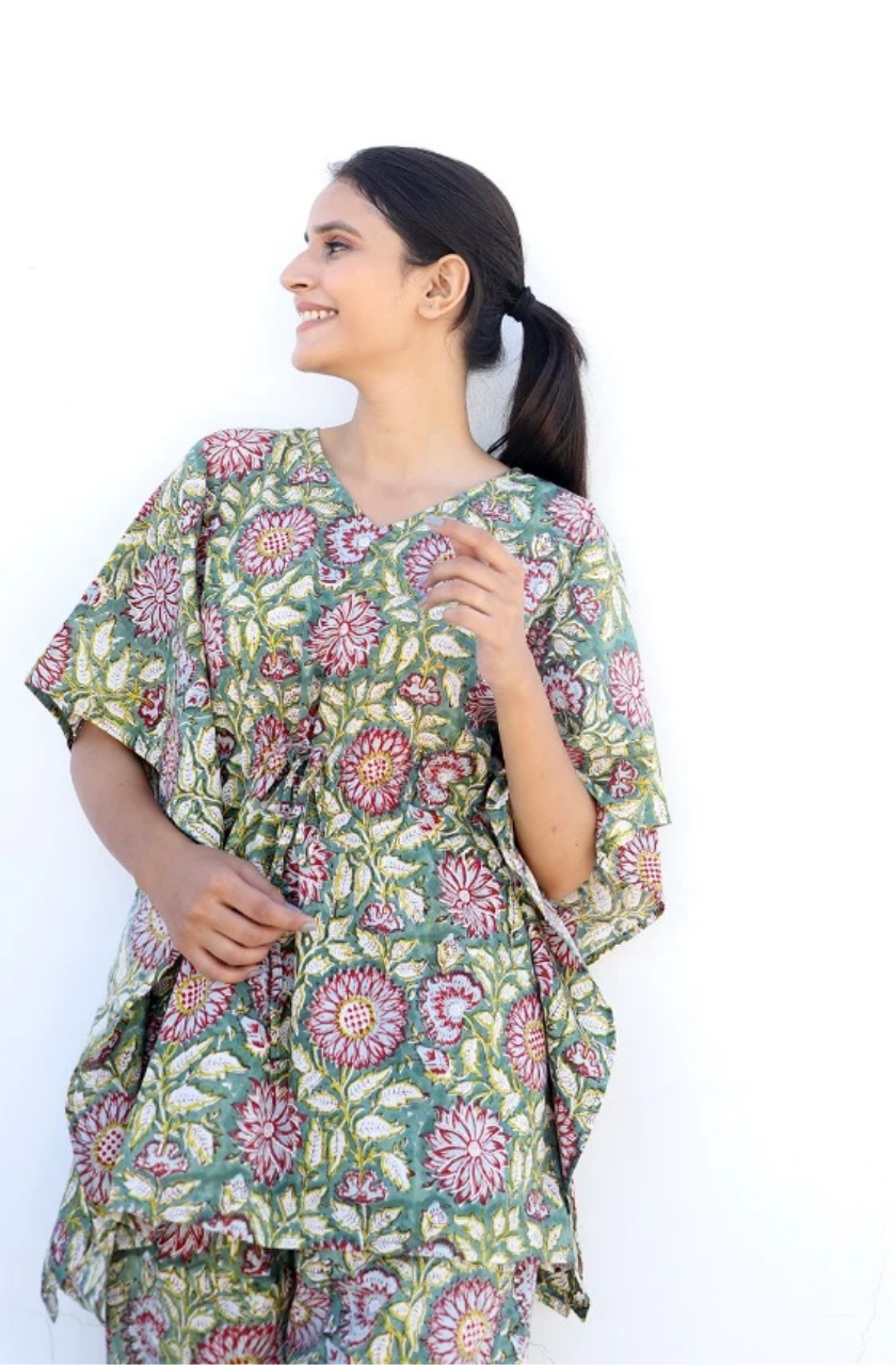 Laila Hand Block Printed Cotton Kaftan Jammies set