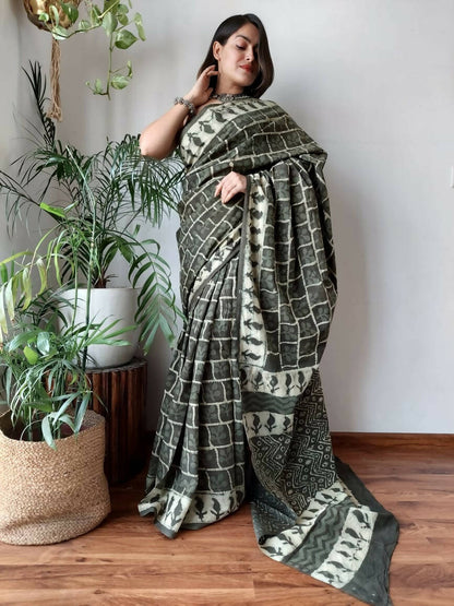 Olive You Green Cotton Pocket Saree