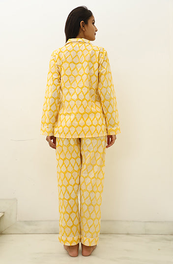 Mellow Yellow Hand Block Printed Cotton Full Jammies Set