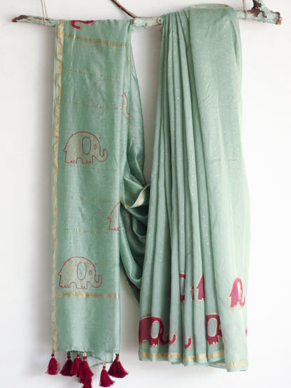 Chanderi Saree - Foil Printed Elephant Saree