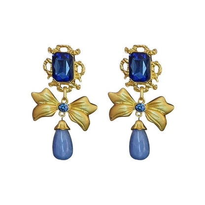 Gold Bow Indigo Earrings