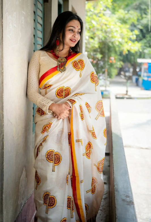 Haath Pakha White Cotton Printed Saree