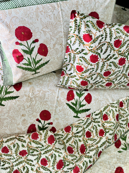 Red Poppy Block Printed Cotton Bedsheet