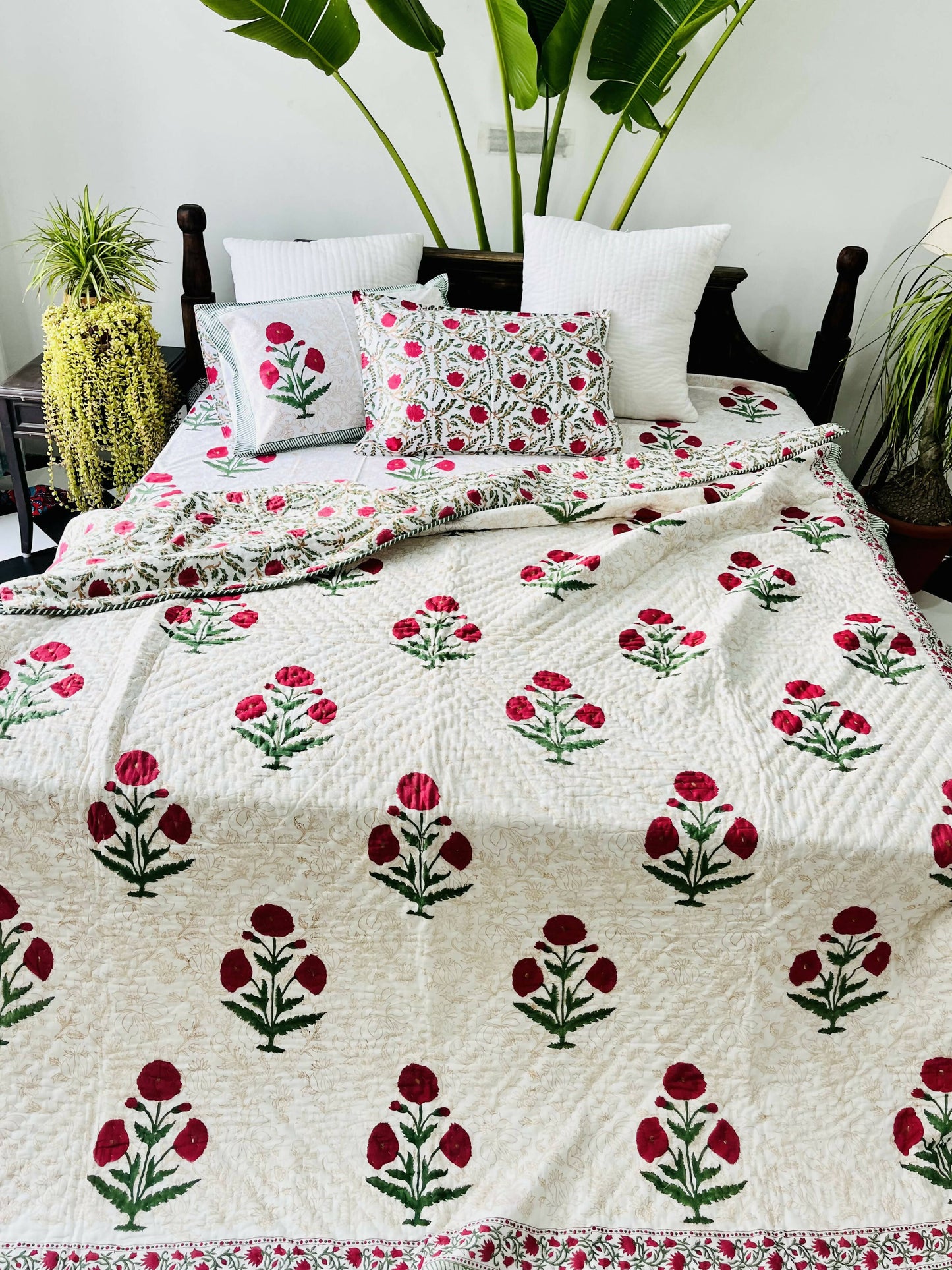 Red Poppy Hand Block Print Reversible Quilt