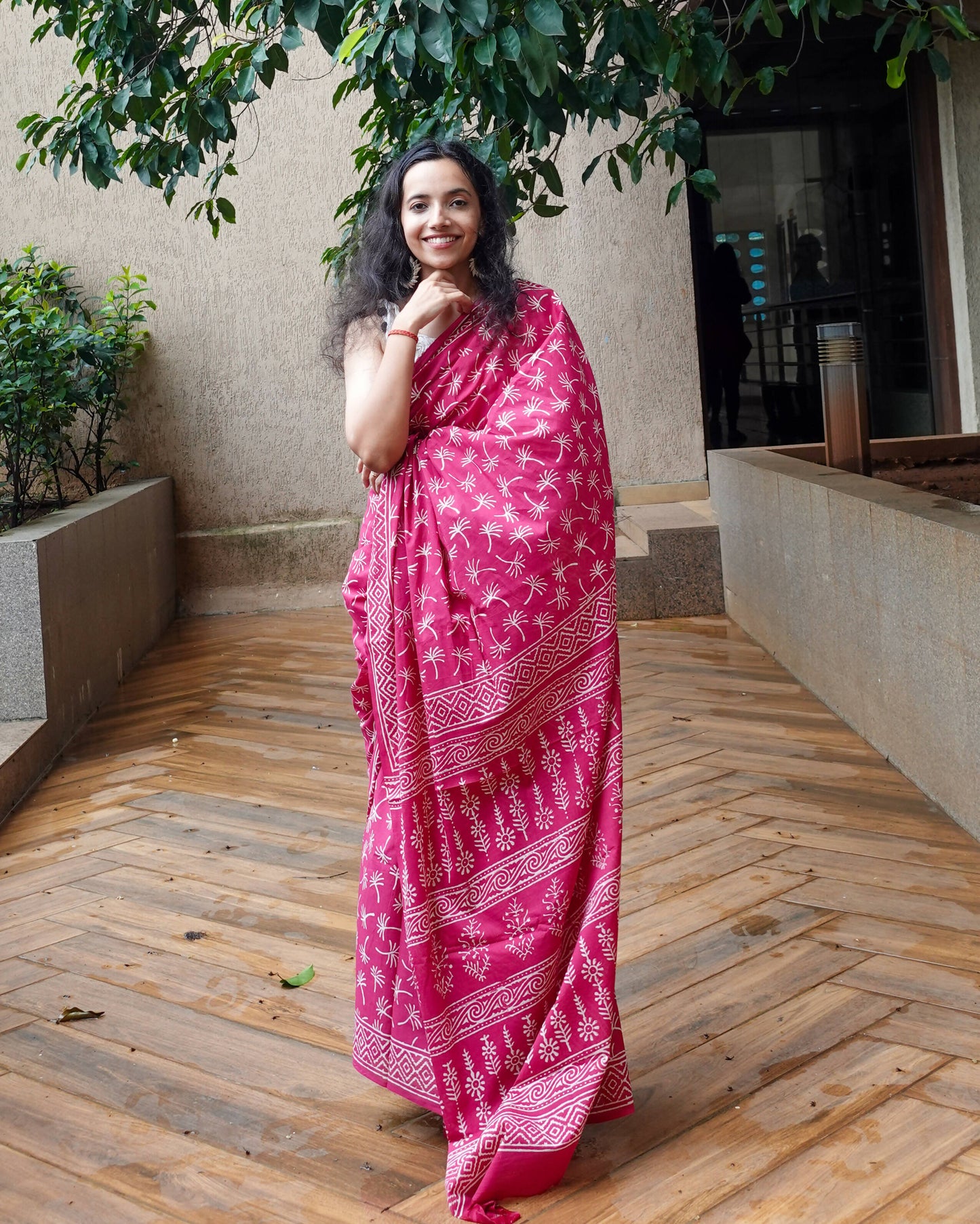 Dandelions in the Sky - Hand Block Print Mulmul Cotton Bagru Saree