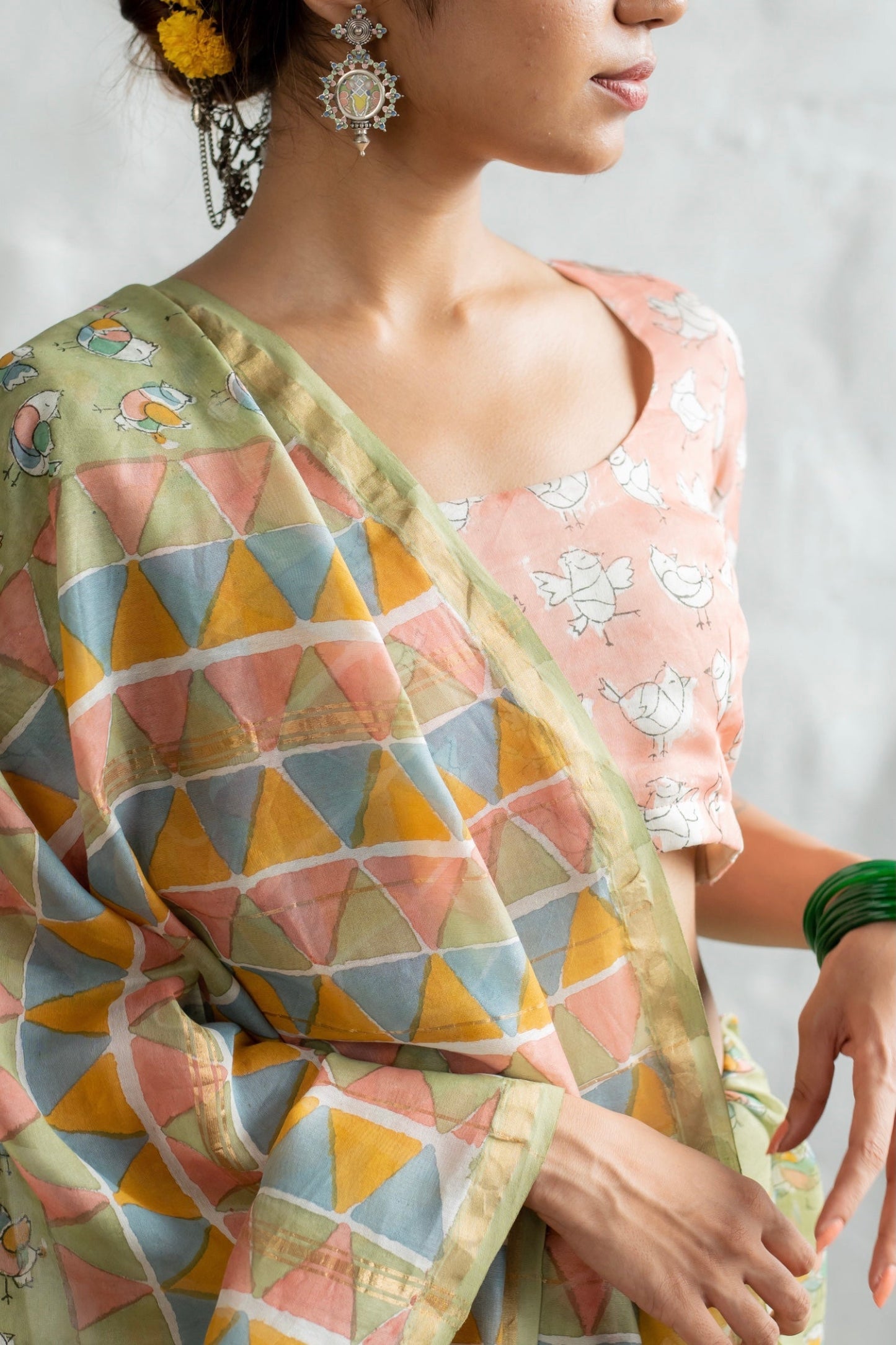 Pastel Birdies in Pistachio Green Chanderi Saree