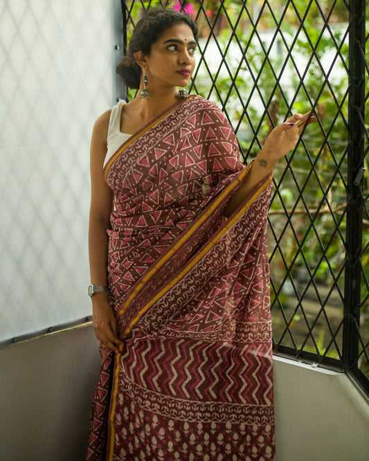 Pink Nostalgia - Hand Block Print Chanderi Silk Bagru Saree