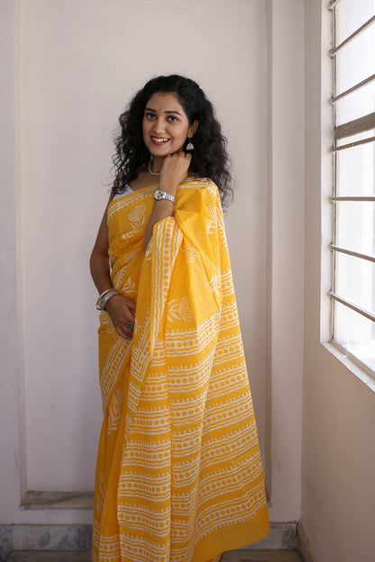 Sunshine Swirl - Yellow Haldi Hand Block Print Mulmul Cotton Bagru Saree