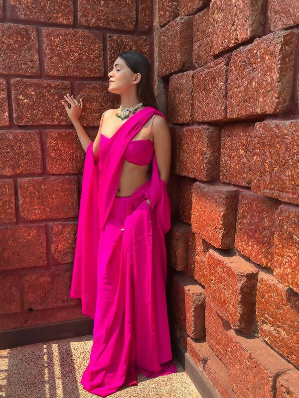 3 Piece Hot Pink Pre-stiched Saree Set