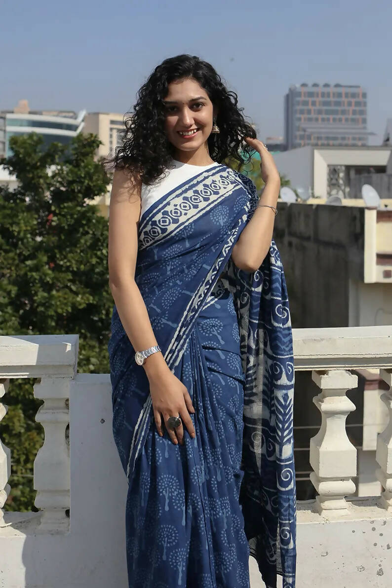 Vastram Indigo Dabu Hand Block Printed Cotton Saree | The Loom Studio