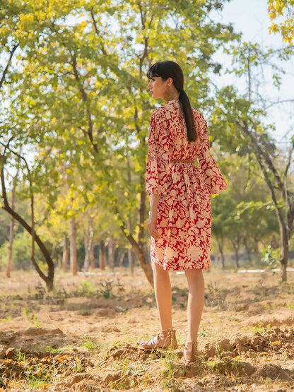 Red Rose Tunic Dress- Red Hand Block Printed Cotton Tunic Dress