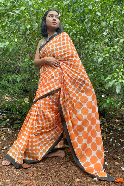 Hornbill Mul Cotton Orange Saree