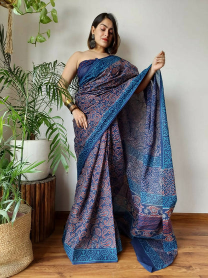 Enchanted Forest Blue Cotton Pocket Saree