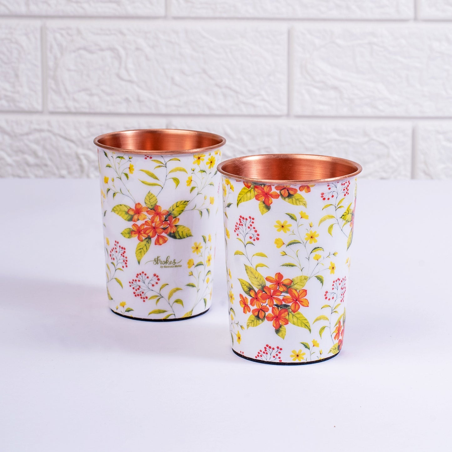 Yellow and Orange Floral Copper Tumblers (Set of 2)