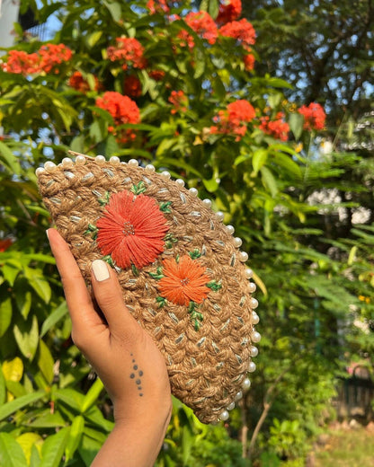 Dual Flower Embroidered Half Moon Clutch