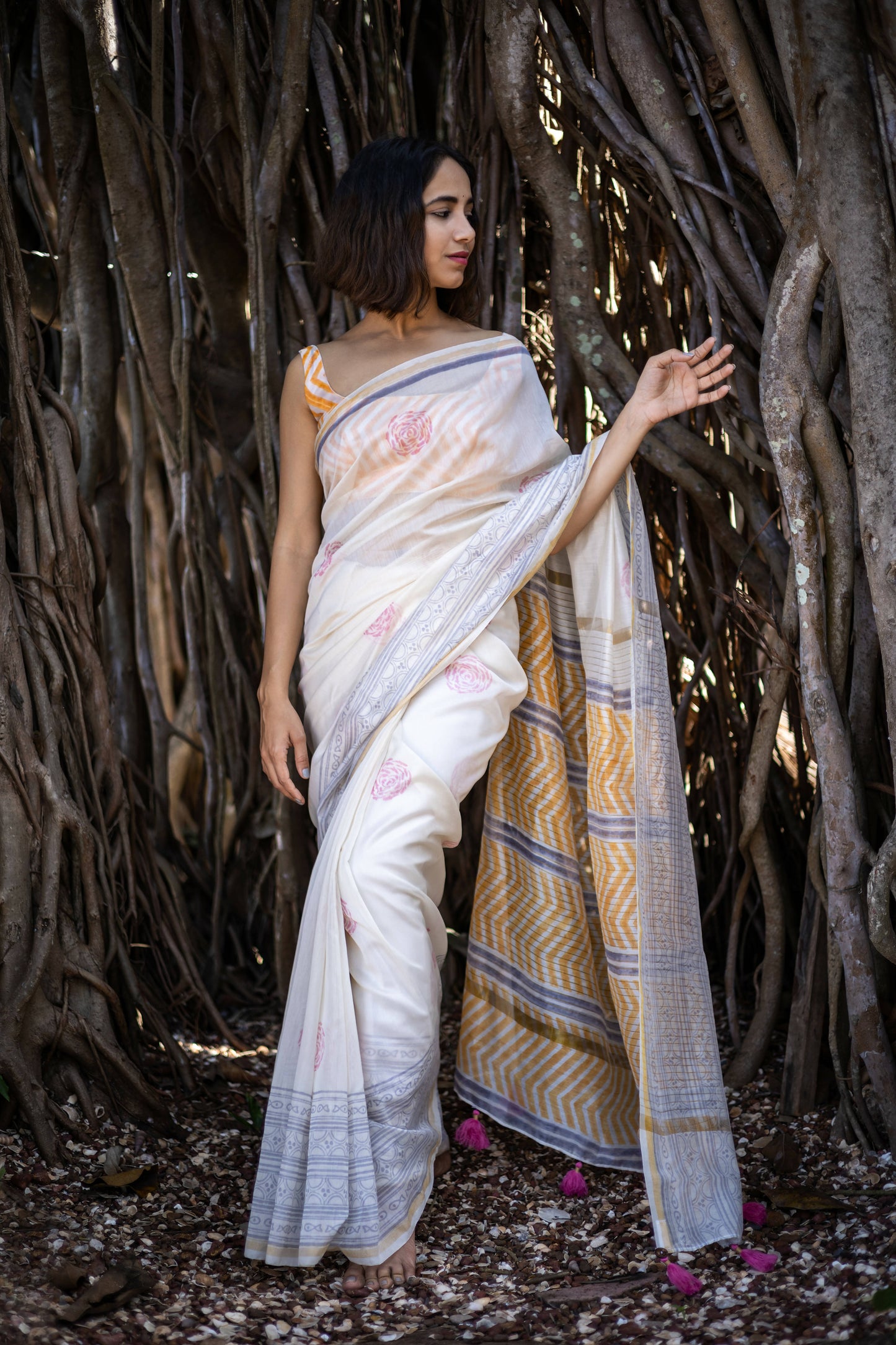 O Mar Chanderi Silk White Saree