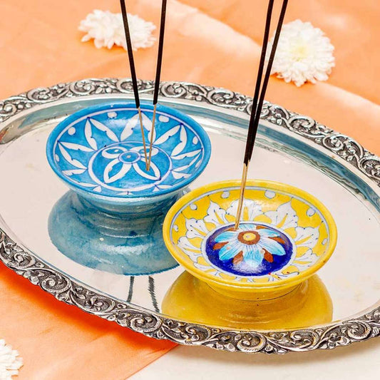 Assorted Blue Pottery Agarbatti Stand - Set Of 2