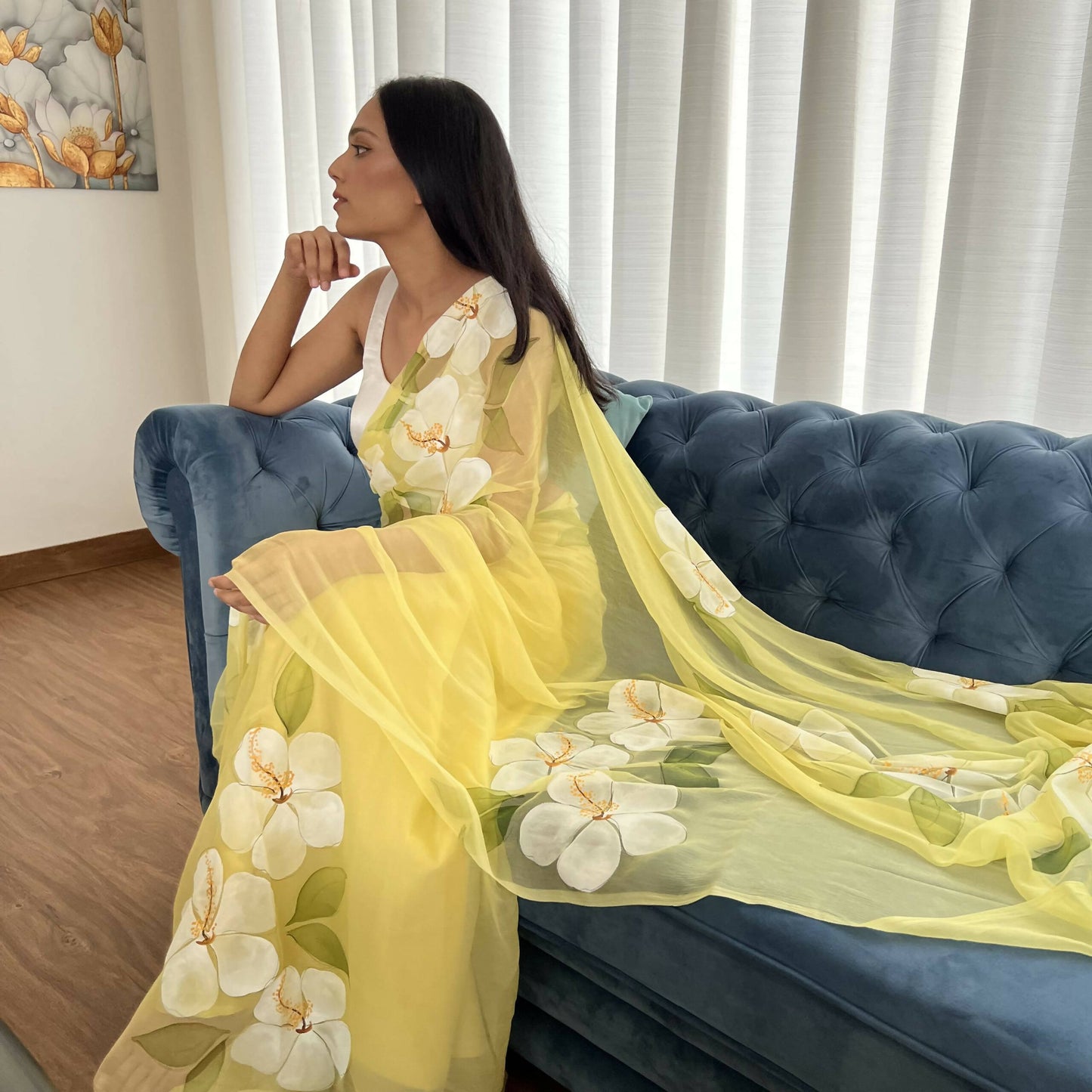 Hibiscus Chiffon Saree In Yellow Base