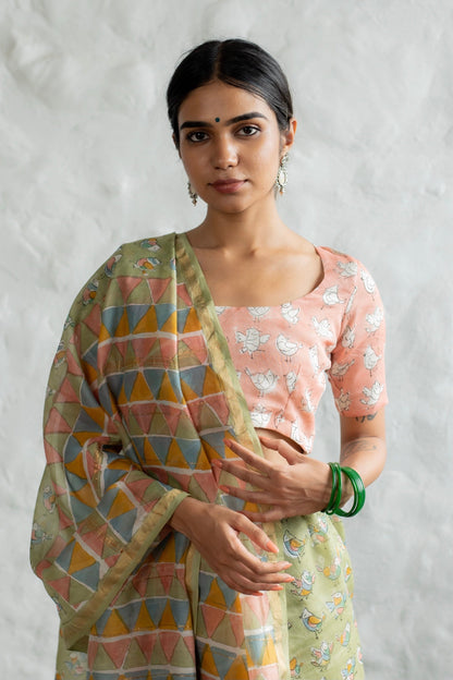 Pastel Birdies in Pistachio Green Chanderi Saree