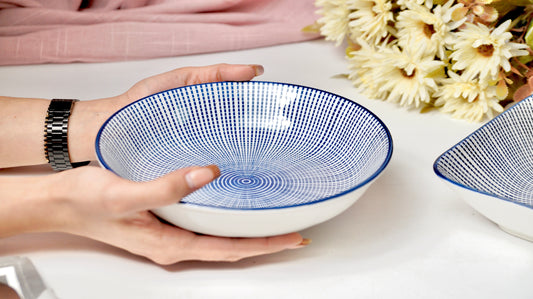 Blue Dotted Lines Ceramic Serving Bowl