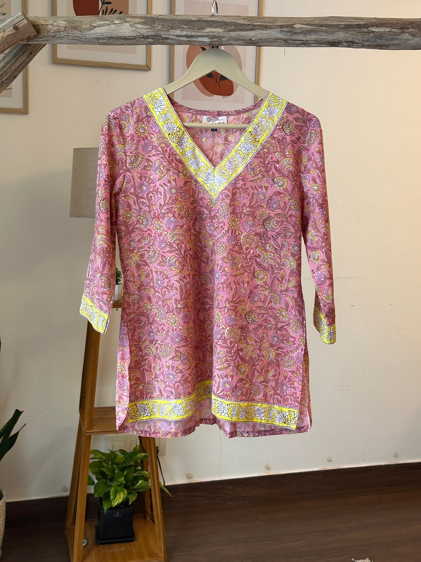 Pink Block Print High Low Short Kurti