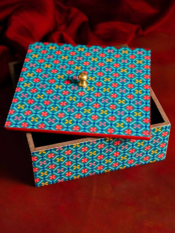 Box Wooden Printed Deco Teal and Pink