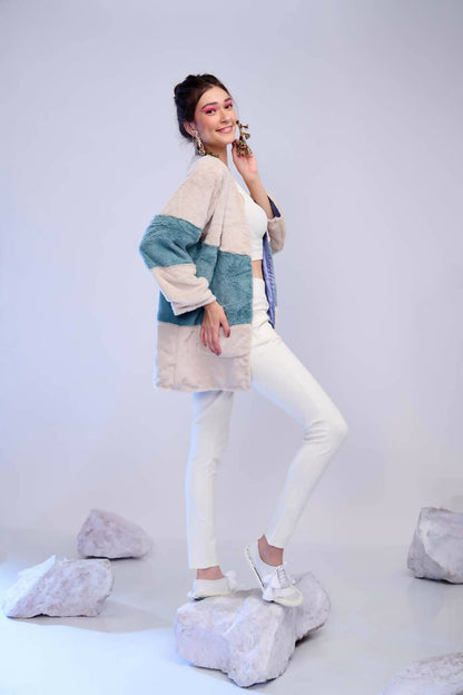 Teal And Creme Colour Block Jacket