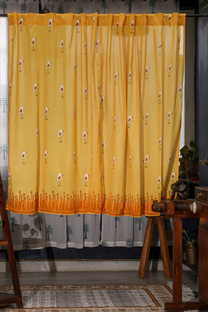 Jungle Tale-Pastel Yellow Handblock Printed Cotton Window Curtain