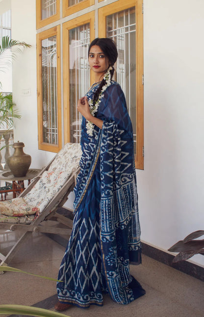 Heer - Indigo Dabu Hand Block Print Chanderi Silk Saree