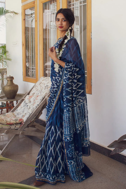 Heer - Indigo Dabu Hand Block Print Chanderi Silk Saree