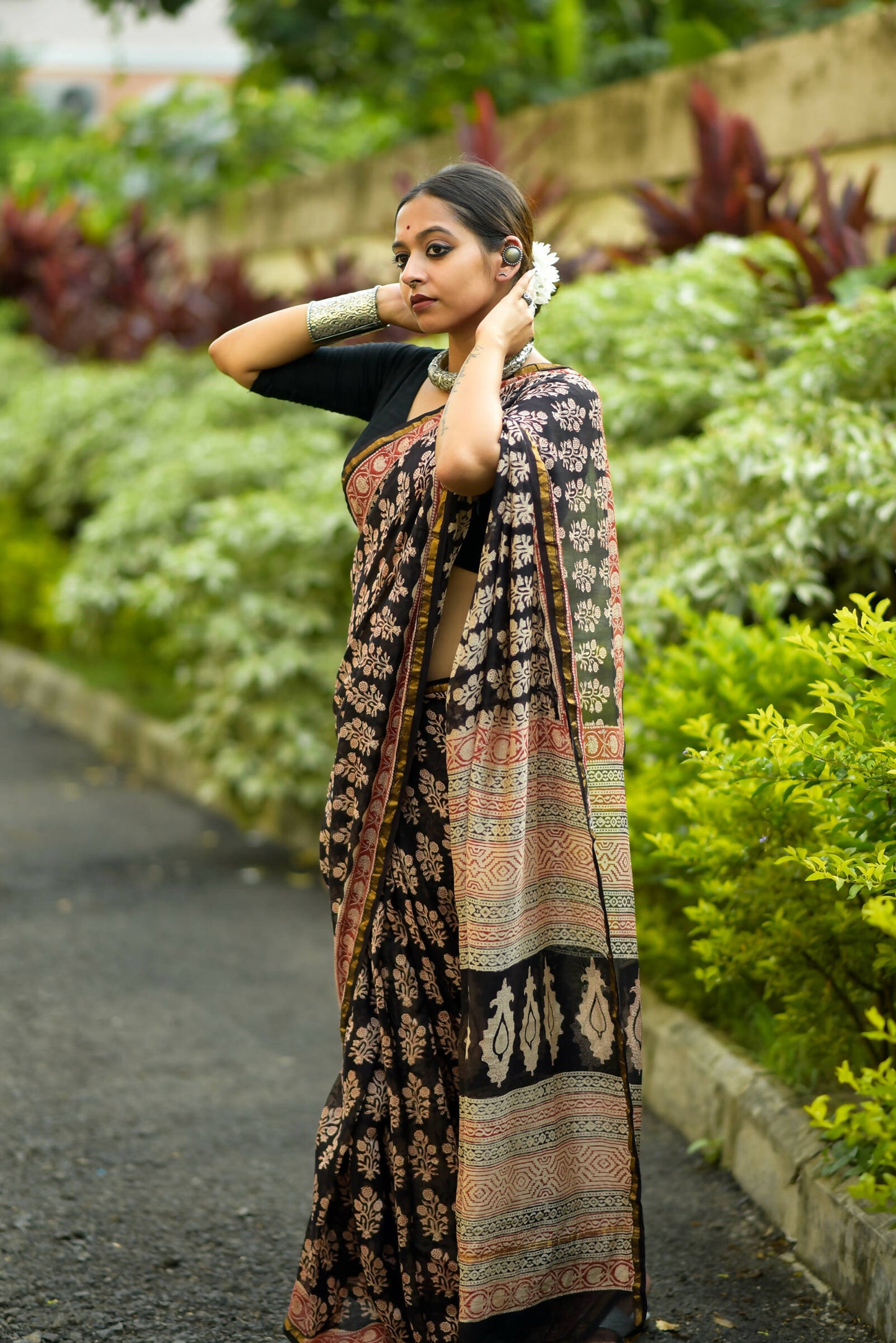 Night Blossom - Hand Block Print Chanderi Silk Saree