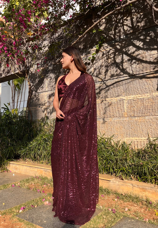 Crushed Sequin Saree - Wine