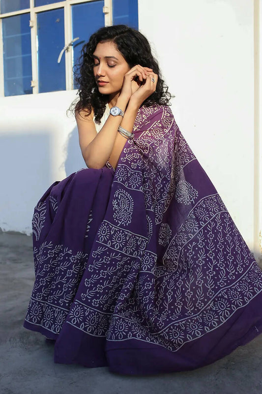 Enchanted Grape - Hand Block Print Mulmul Cotton Bagru Saree