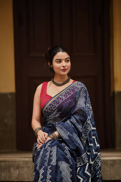 Indigo Waves - Hand Block Print Chanderi Silk Bagru Saree