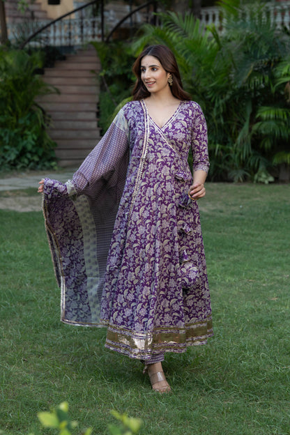 Periwinkle Floral Blockprint Cotton Suit Set