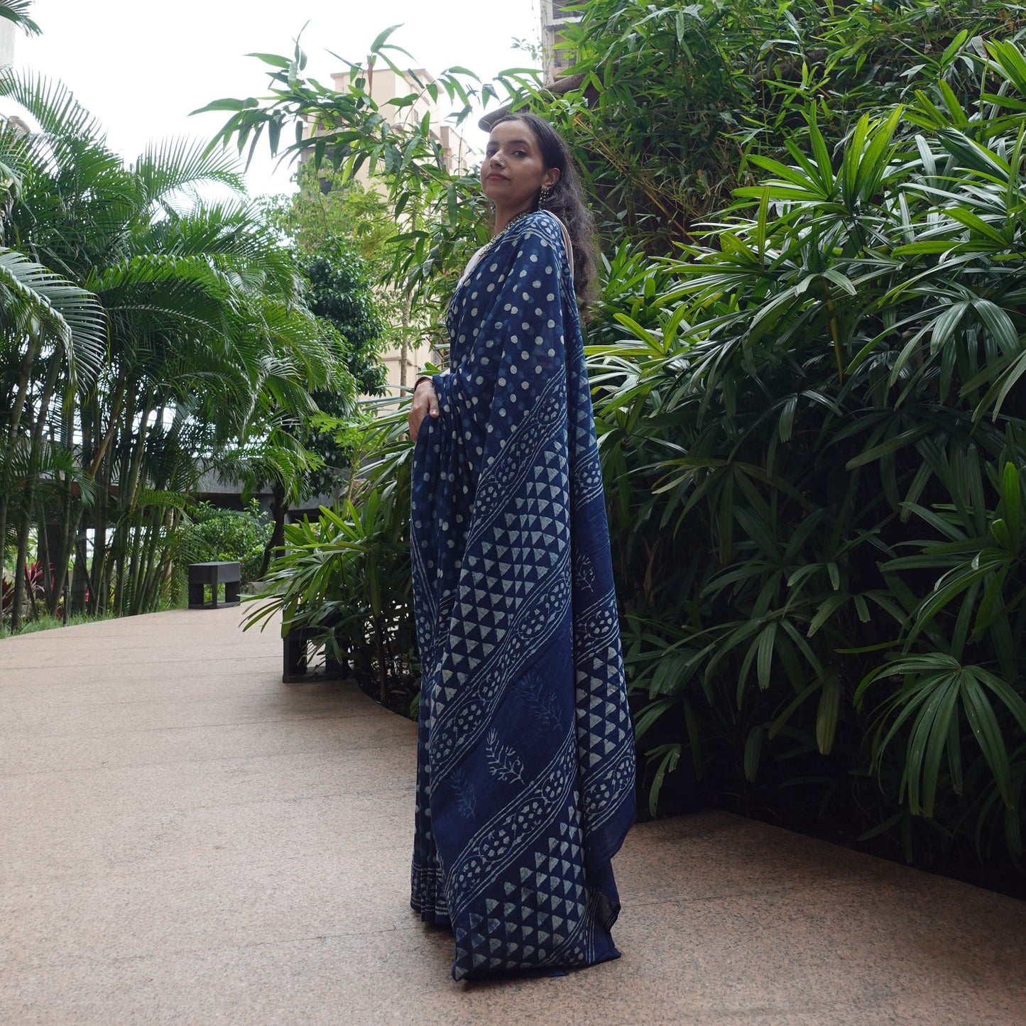 Indigo Polka Dots Handblock Dabu Cotton Mulmul Saree