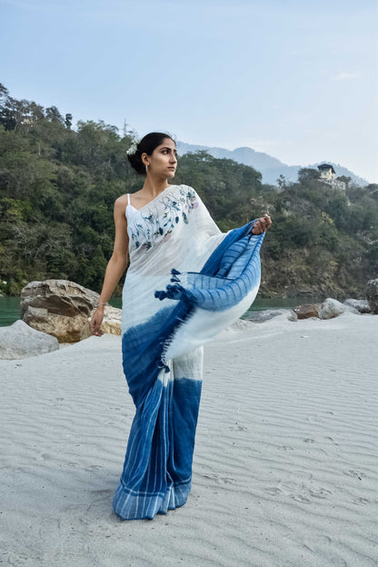 Amber White & Blue Linen Saree