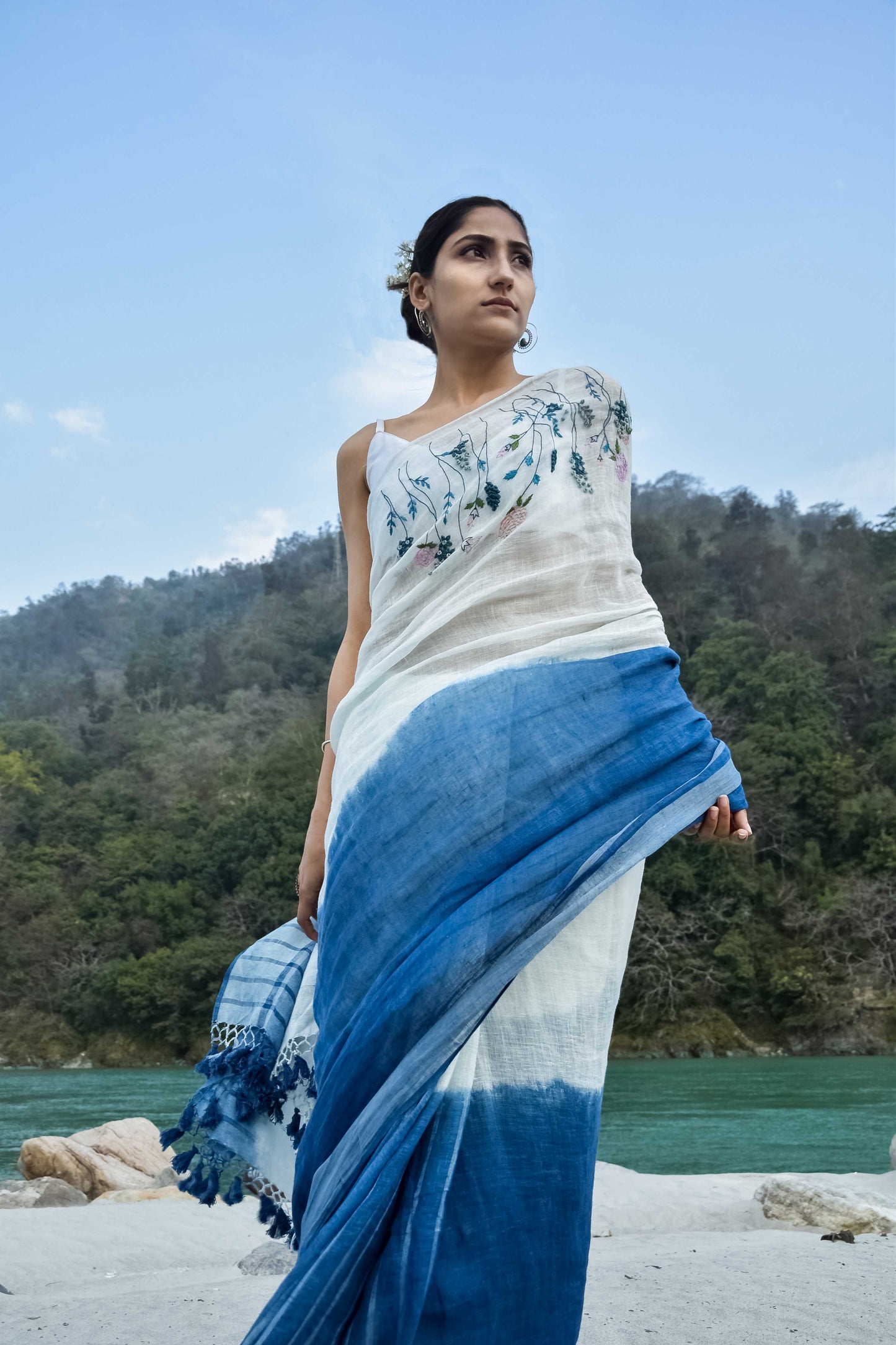 Amber White & Blue Linen Saree