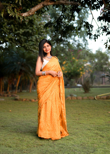 Haldi Bagru Handblock Printed Chanderi Silk Saree