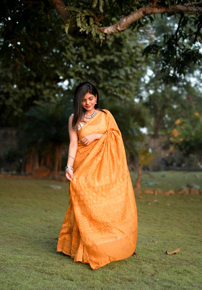 Haldi Bagru Handblock Printed Chanderi Silk Saree