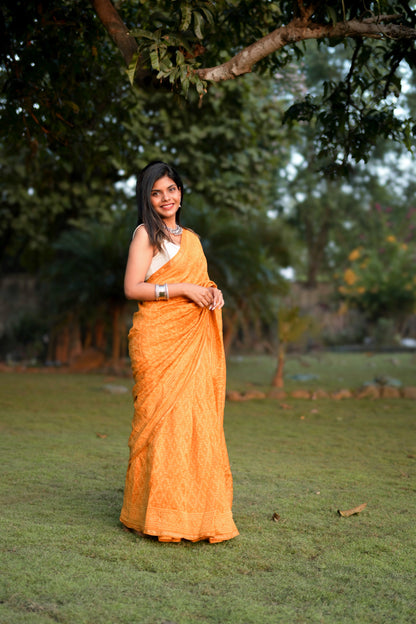 Haldi Bagru Handblock Printed Chanderi Silk Saree