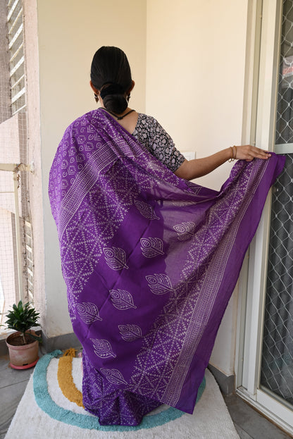 Old School Romance Handblock Print Natural Dyed Mulmul Cotton Saree