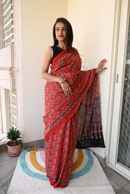 Red Ajrakh Cotton Mulmul Handblock Saree