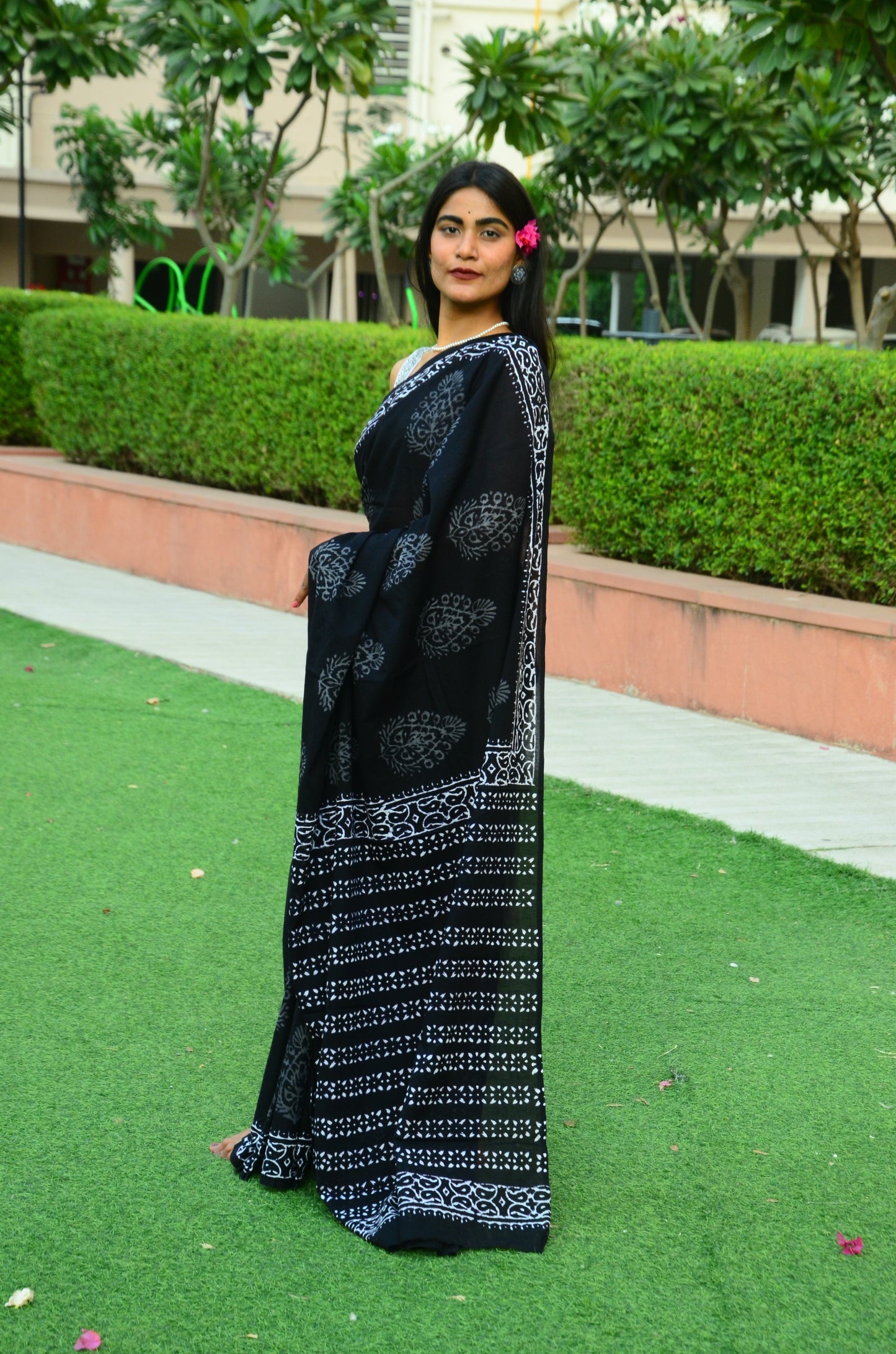 Black Pepper Handblock Print Natural Dyed Mulmul Cotton Saree