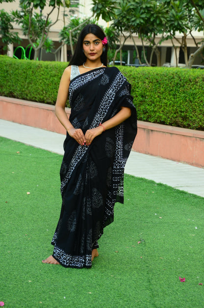 Black Pepper Handblock Print Natural Dyed Mulmul Cotton Saree