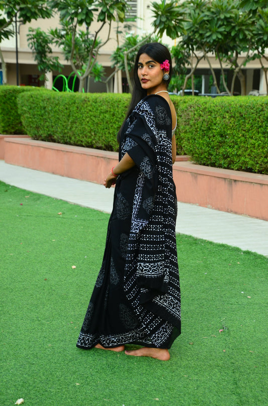 Black Pepper Handblock Print Natural Dyed Mulmul Cotton Saree