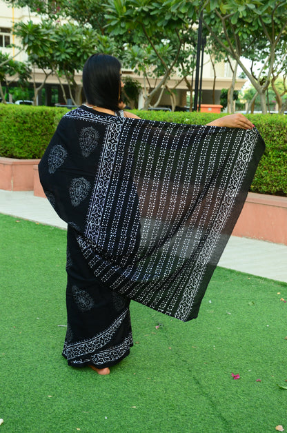 Black Pepper Handblock Print Natural Dyed Mulmul Cotton Saree