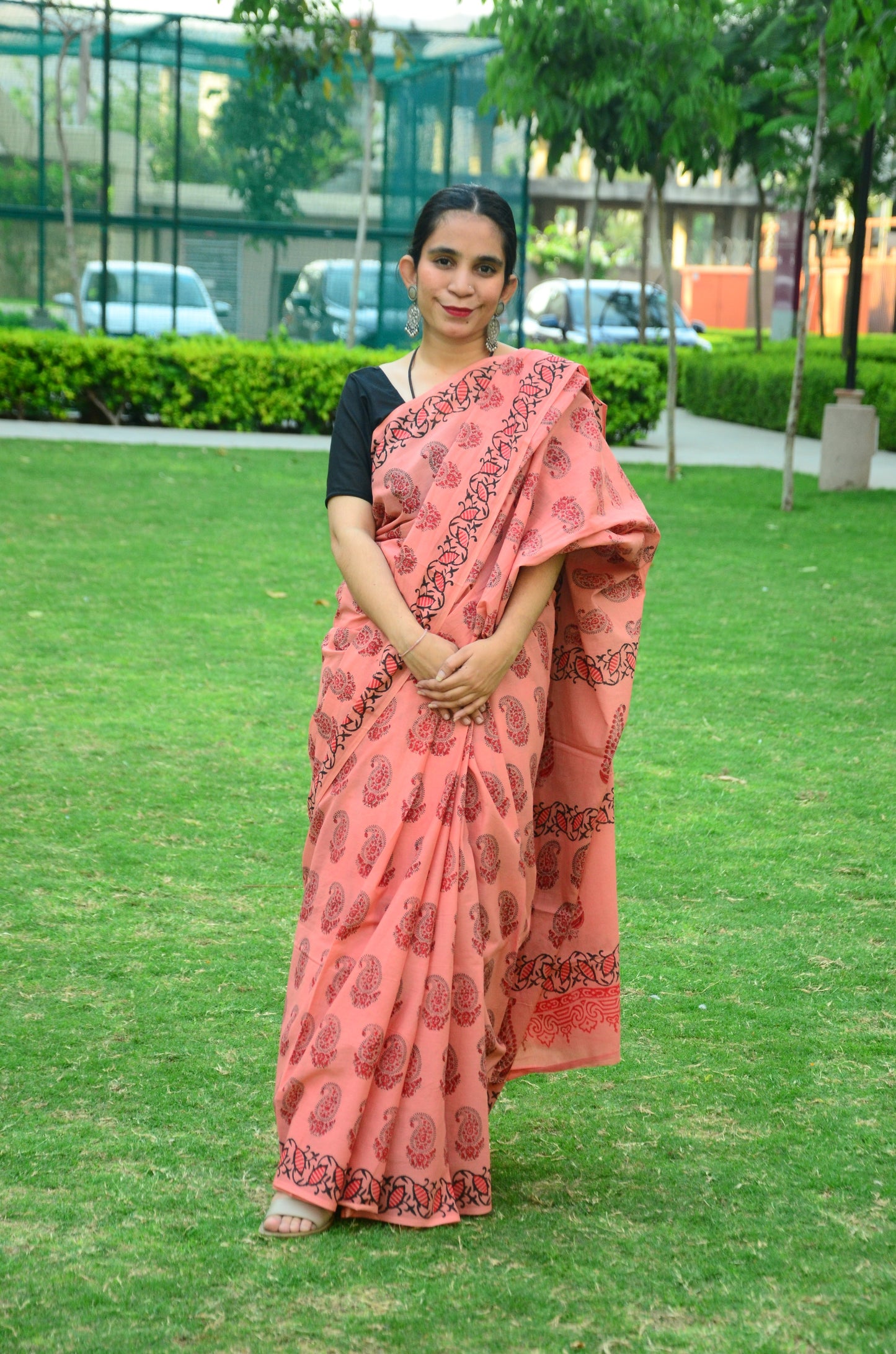 Jaipur Pink Handblock Print Natural Dyed Mulmul Cotton Saree