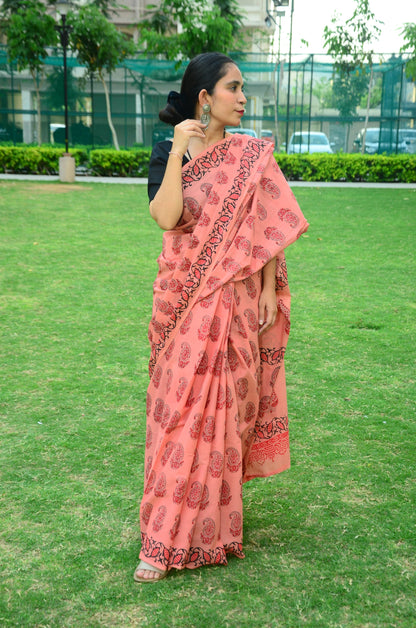 Jaipur Pink Handblock Print Natural Dyed Mulmul Cotton Saree